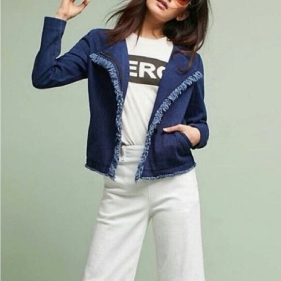 AG Adriano Goldschmied Blue Denim Zip Front Jacket Frayed Trim Casual Chic M - Picture 6 of 16